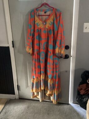 STYLEWE Coral Maxi Dress with Teal & Yellow Accents